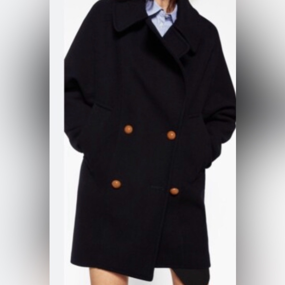 Zara dark navy coat with brown/orange buttons